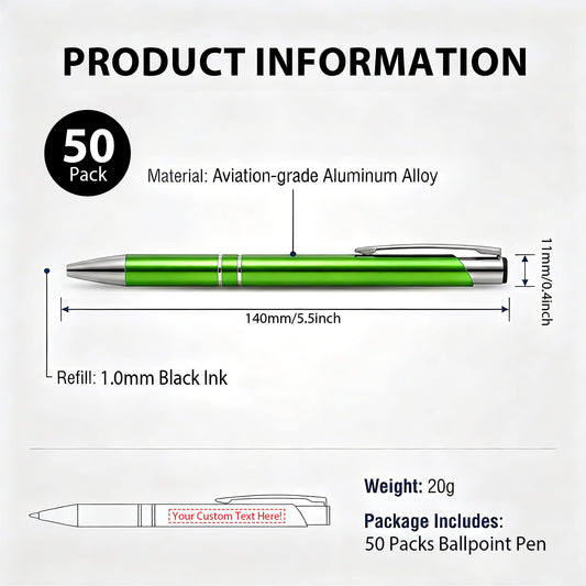 HH-STUDIO CUSTOM Metal Pen, Engraved Logo, Black Ink, Retractable-50 Pack