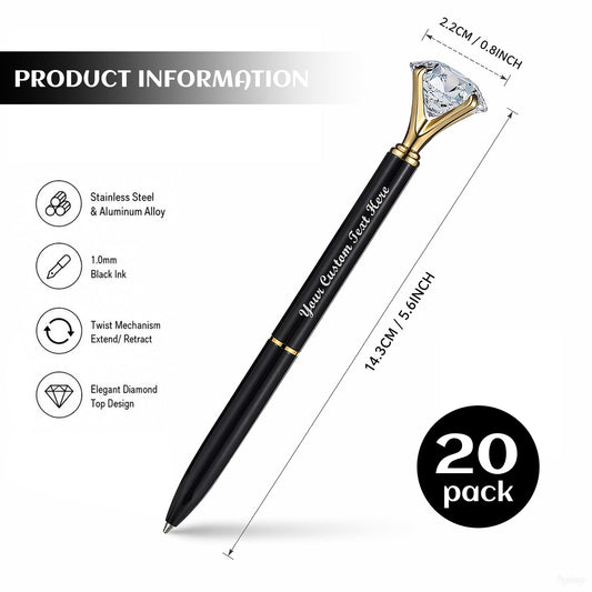 HISHER Custom Diamond Pens, 20 Pack, Bridal Shower Wedding Favor, Black Ink