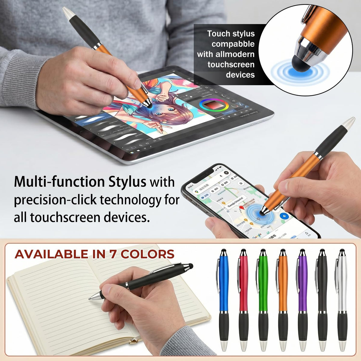 100 PC Custom Personalized Pens with Stylus, Black Ink Click Ballpoint Pens