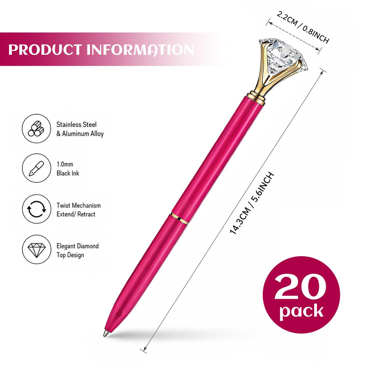 HISHER Custom Diamond Pens, 20 Pack, Bridal Shower Wedding Favor, Black Ink