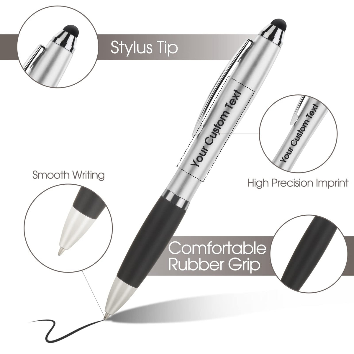 100 PC Custom Personalized Pens with Stylus, Black Ink Click Ballpoint Pens