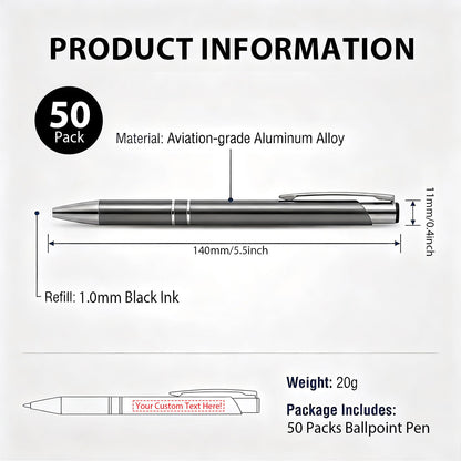 HH-STUDIO CUSTOM Metal Pen, Engraved Logo, Black Ink, Retractable-50 Pack