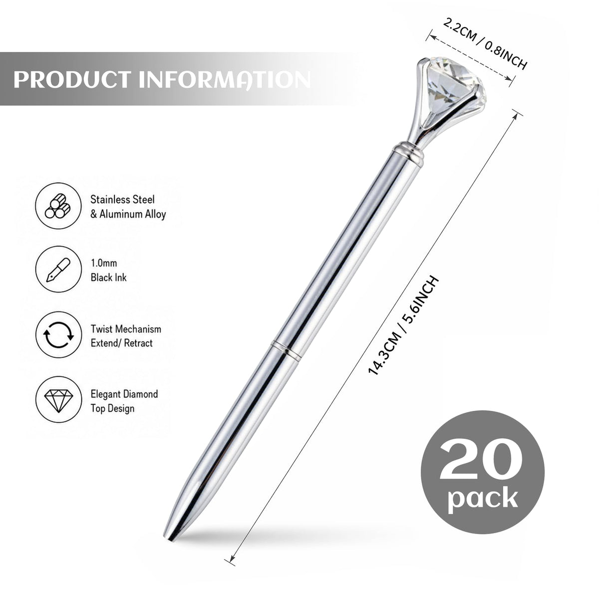 HISHER Custom Diamond Pens, 20 Pack, Bridal Shower Wedding Favor, Black Ink