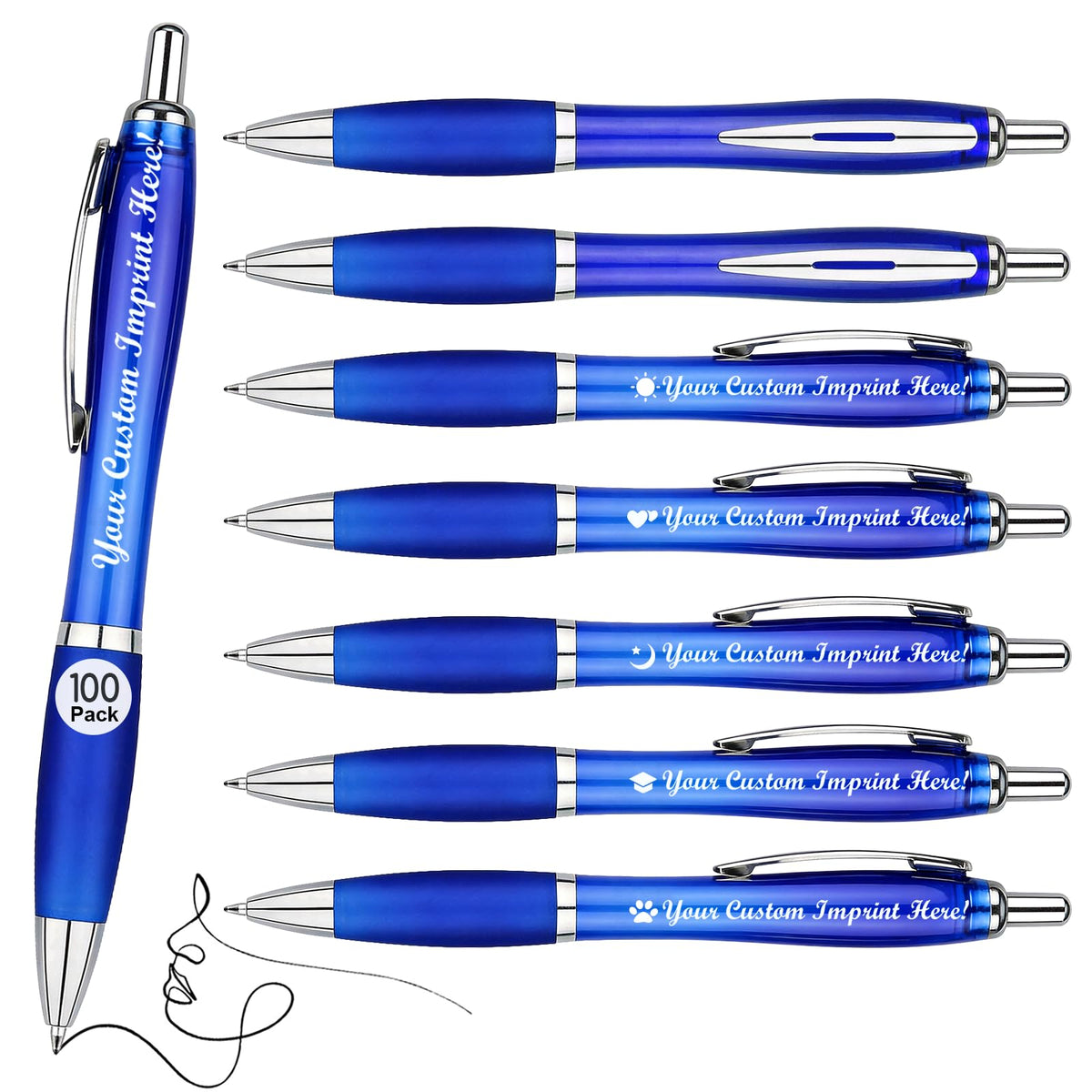 Personalized Ballpoint Pens with Custom Text - 100 Pack Bulk Promotional Items with Your Logo for Business, Events & Trade Shows - Smooth Black Ink, Retractable Office Gift