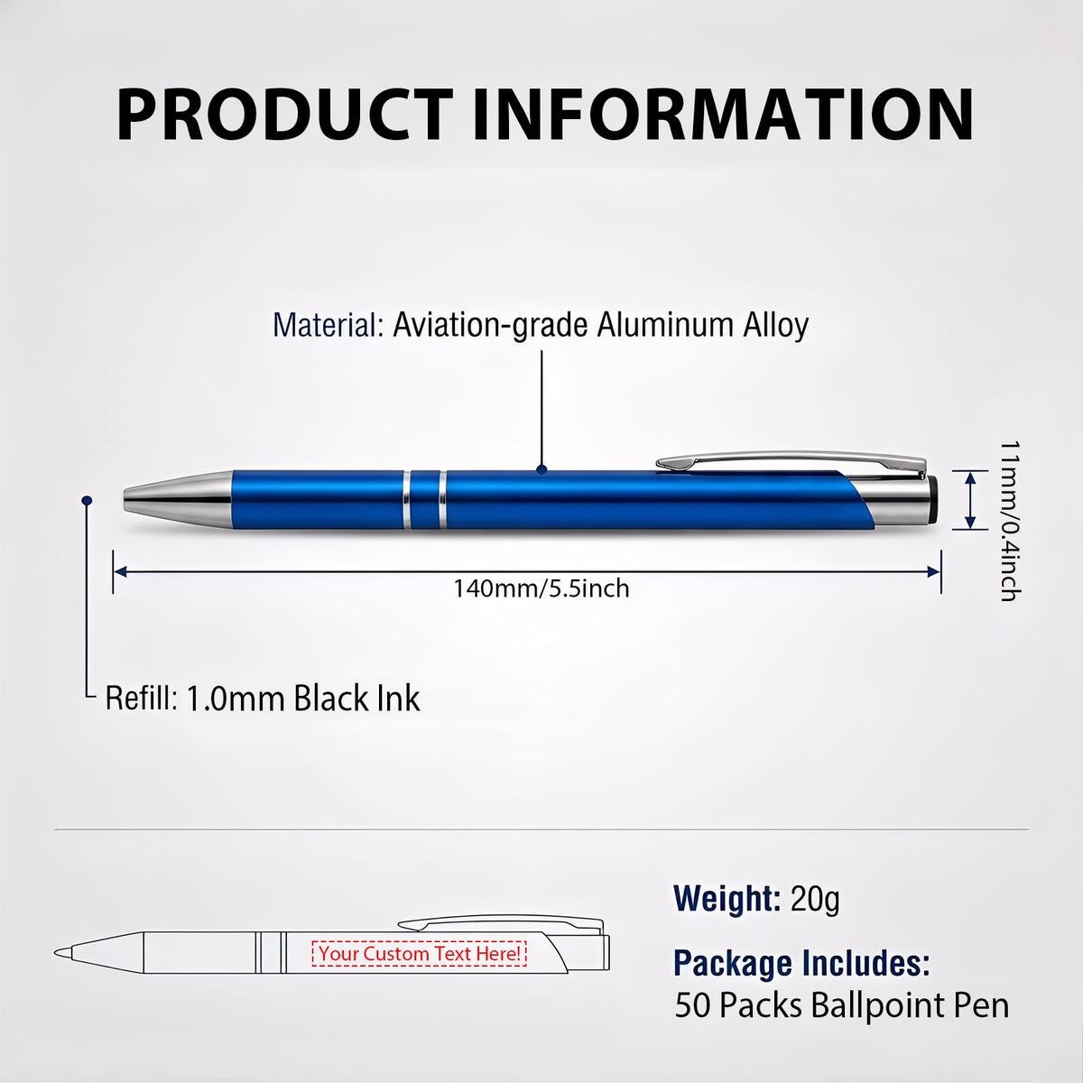 HH-STUDIO CUSTOM Metal Pen, Engraved Logo, Black Ink, Retractable-50 Pack