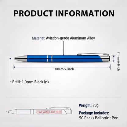 HH-STUDIO CUSTOM Metal Pen, Engraved Logo, Black Ink, Retractable-50 Pack