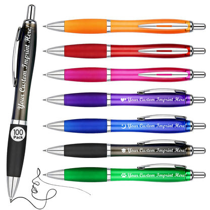 Personalized Ballpoint Pens with Custom Text - 100 Pack Bulk Promotional Items with Your Logo for Business, Events & Trade Shows - Smooth Black Ink, Retractable Office Gift