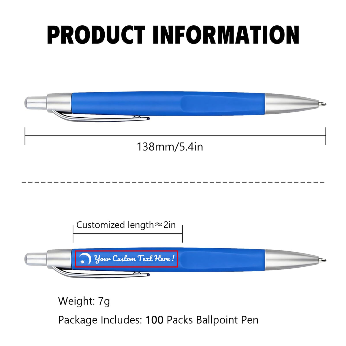 Customized Pens with Personalized Text - Pack of 100 Bulk Black Ink