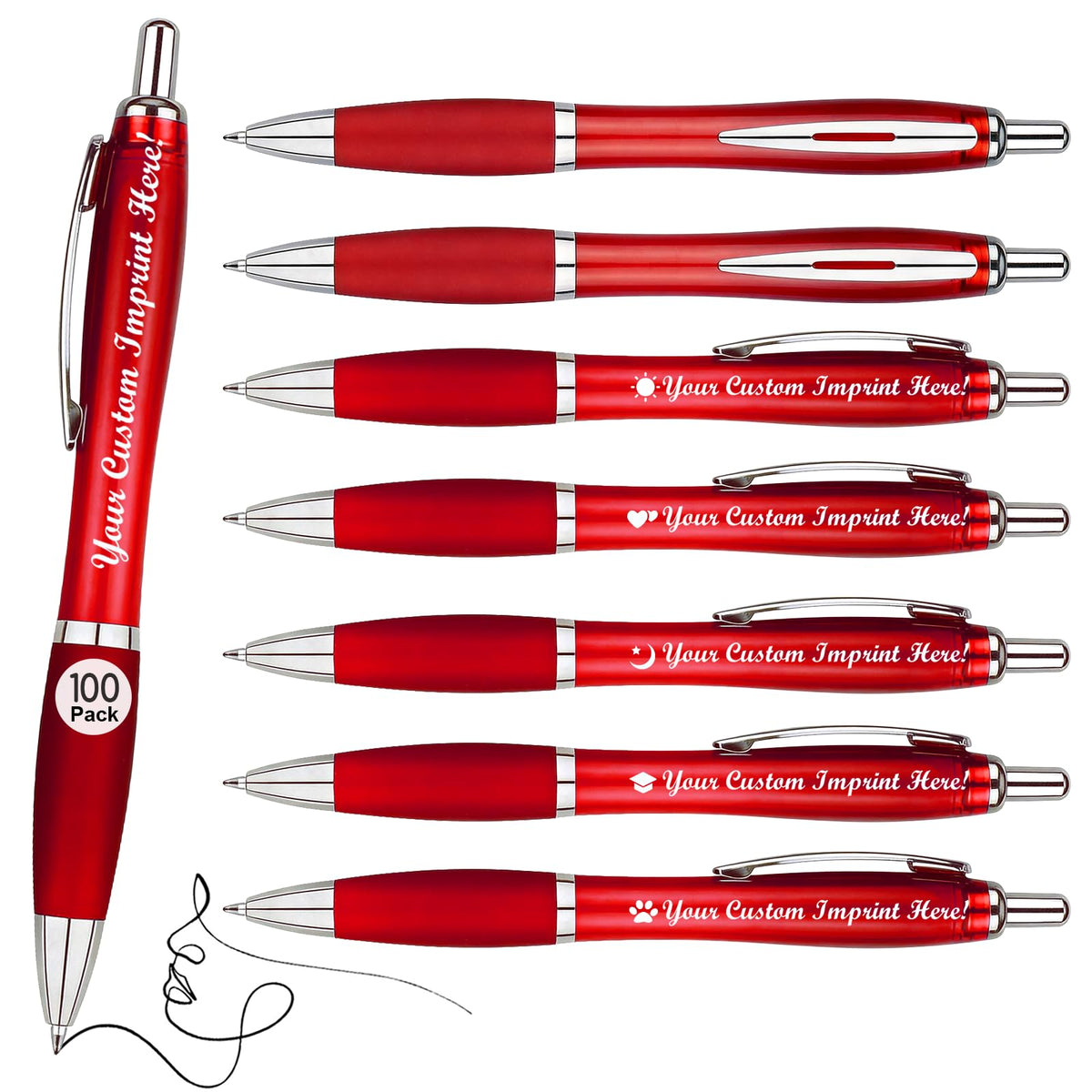 Personalized Ballpoint Pens with Custom Text - 100 Pack Bulk Promotional Items with Your Logo for Business, Events & Trade Shows - Smooth Black Ink, Retractable Office Gift