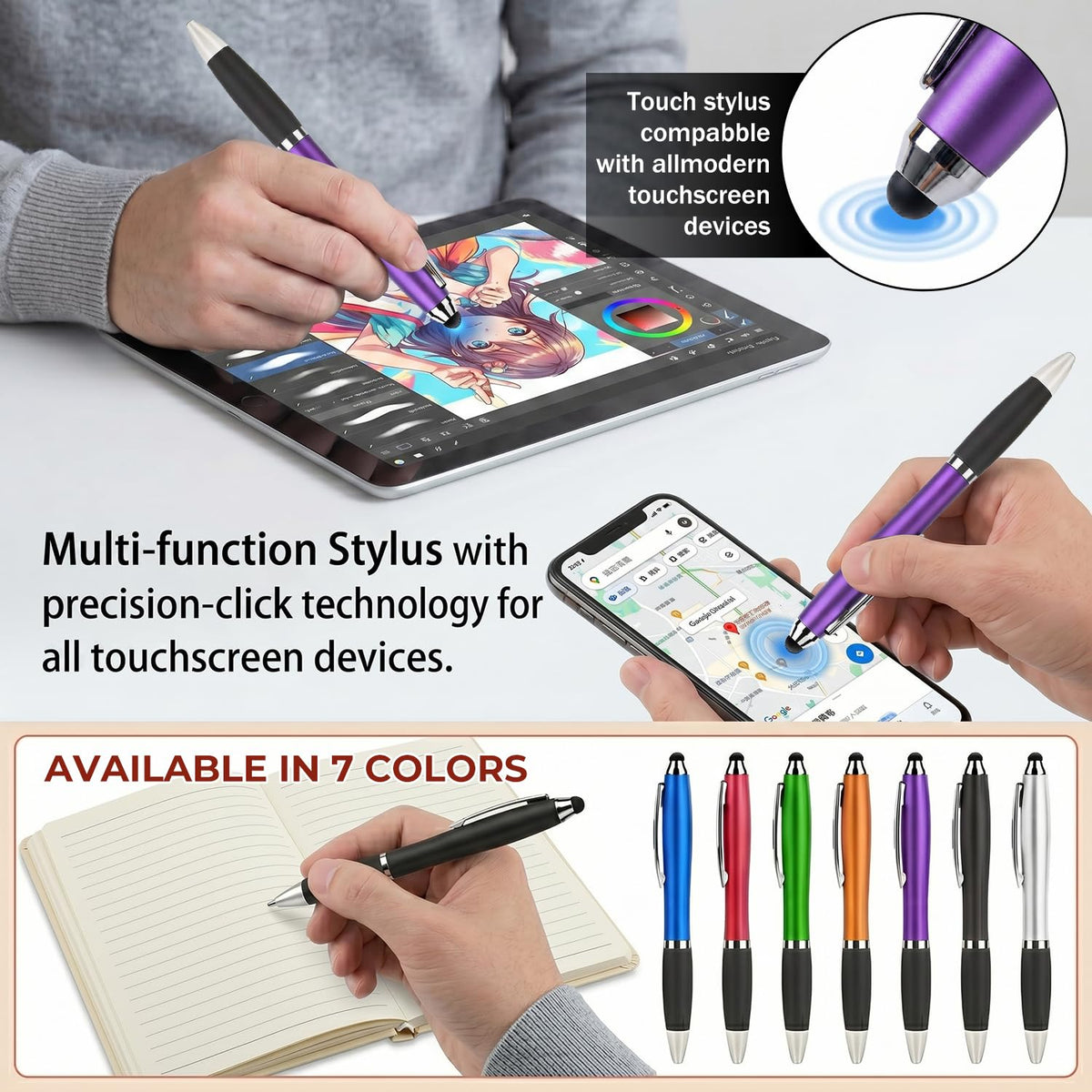 100 PC Custom Personalized Pens with Stylus, Black Ink Click Ballpoint Pens