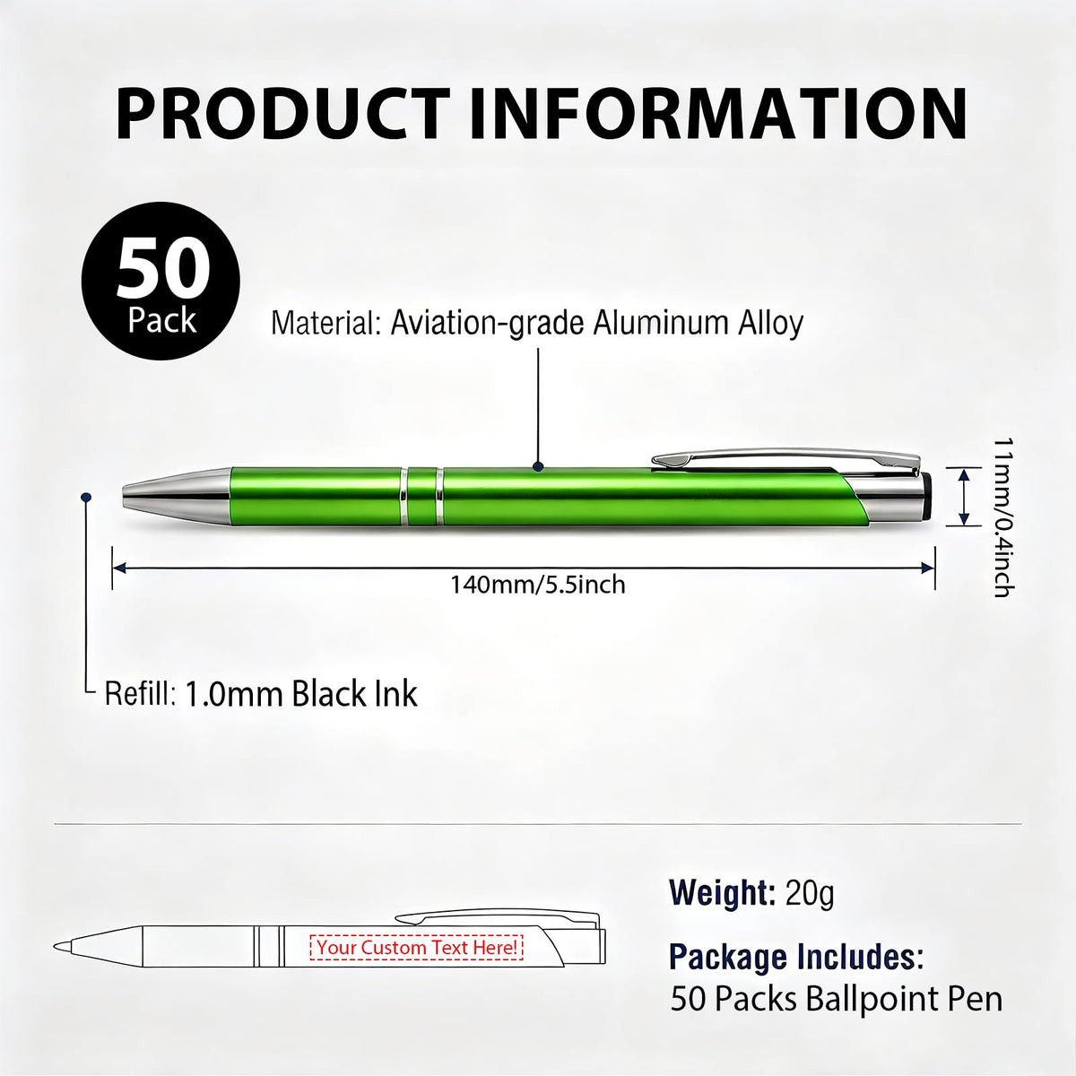 HH-STUDIO CUSTOM Metal Pen, Engraved Logo, Black Ink, Retractable-50 Pack