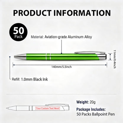 HH-STUDIO CUSTOM Metal Pen, Engraved Logo, Black Ink, Retractable-50 Pack