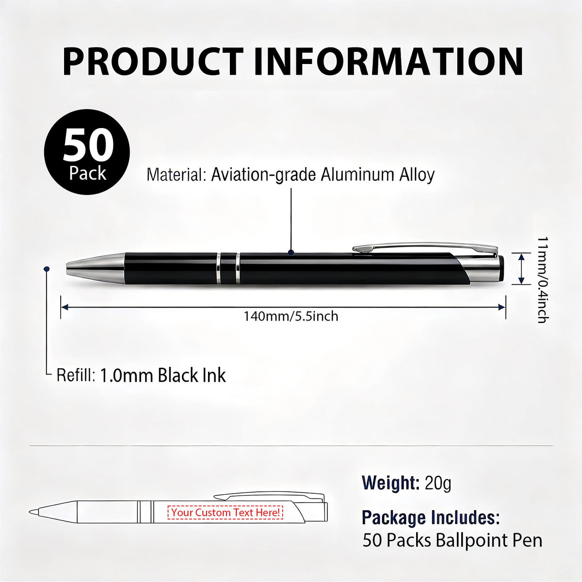 HH-STUDIO CUSTOM Metal Pen, Engraved Logo, Black Ink, Retractable-50 Pack