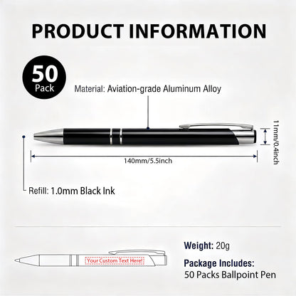 HH-STUDIO CUSTOM Metal Pen, Engraved Logo, Black Ink, Retractable-50 Pack