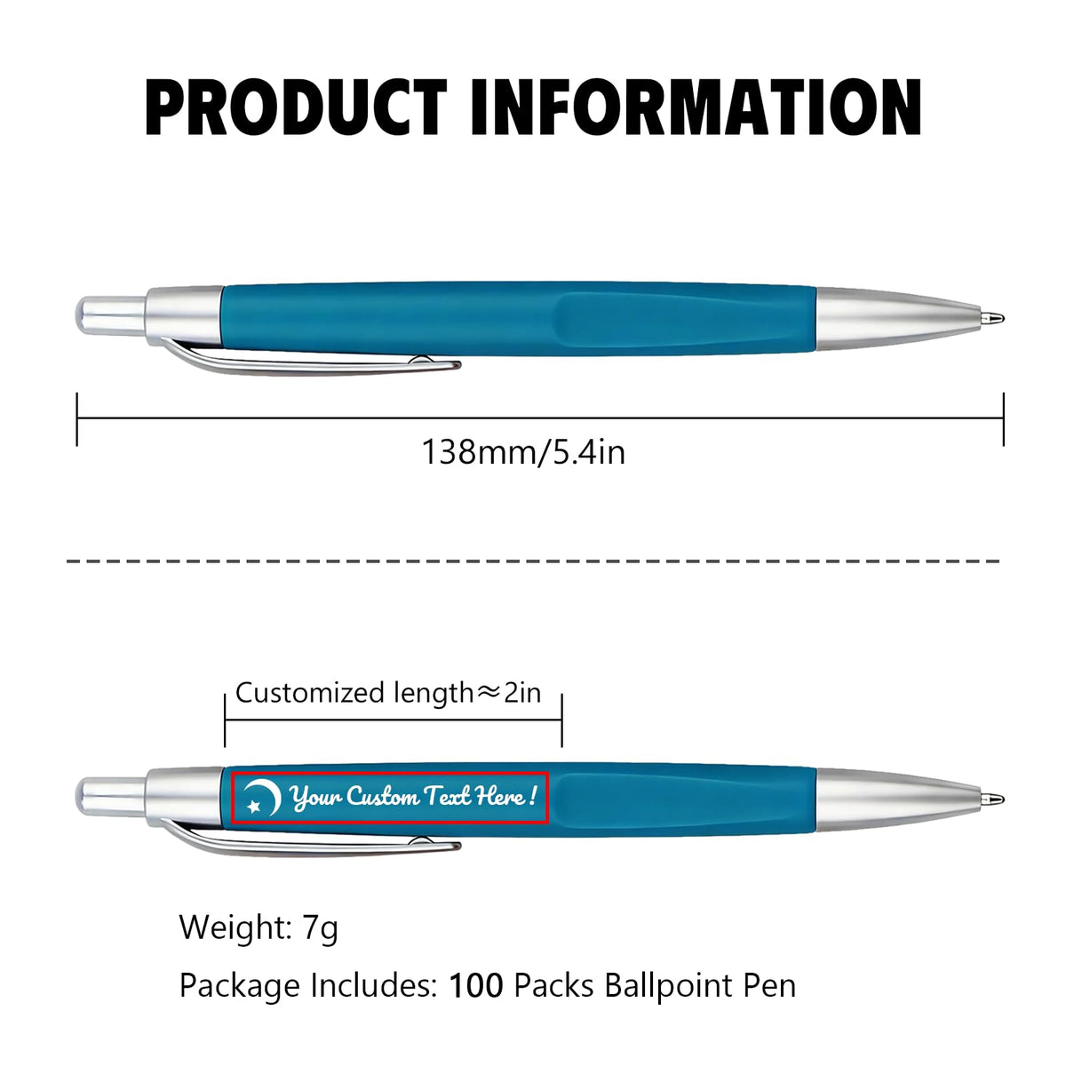 Customized Pens with Personalized Text - Pack of 100 Bulk Black Ink