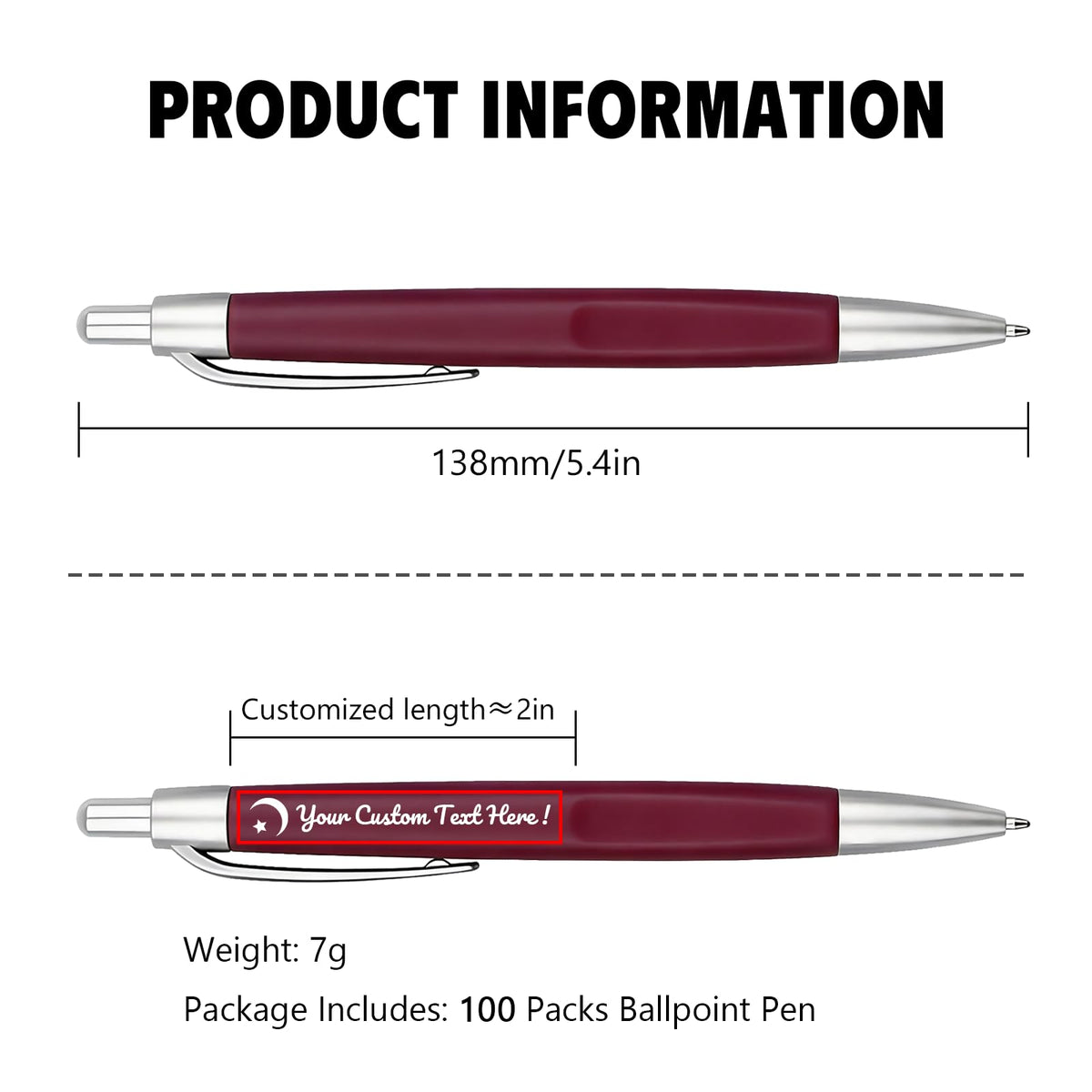 Customized Pens with Personalized Text - Pack of 100 Bulk Black Ink