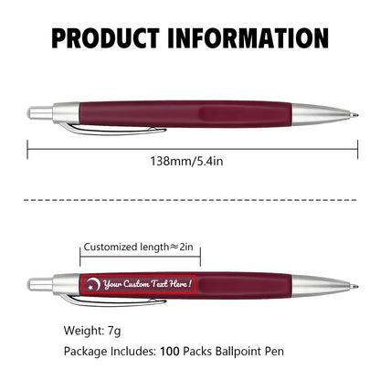 Customized Pens with Personalized Text - Pack of 100 Bulk Black Ink