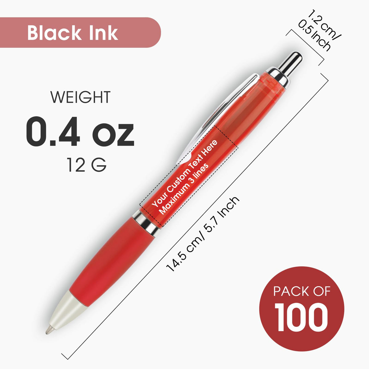 Personalized Ballpoint Pens with Custom Text - 100 Pack Bulk Promotional Items with Your Logo for Business, Events & Trade Shows - Smooth Black Ink, Retractable Office Gift