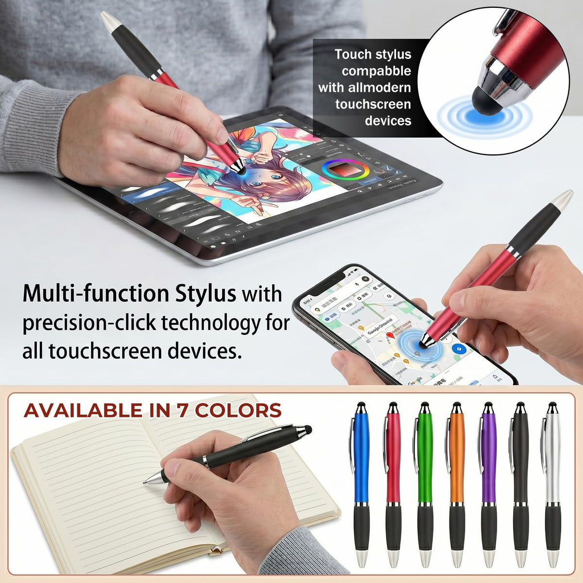100 PC Custom Personalized Pens with Stylus, Black Ink Click Ballpoint Pens