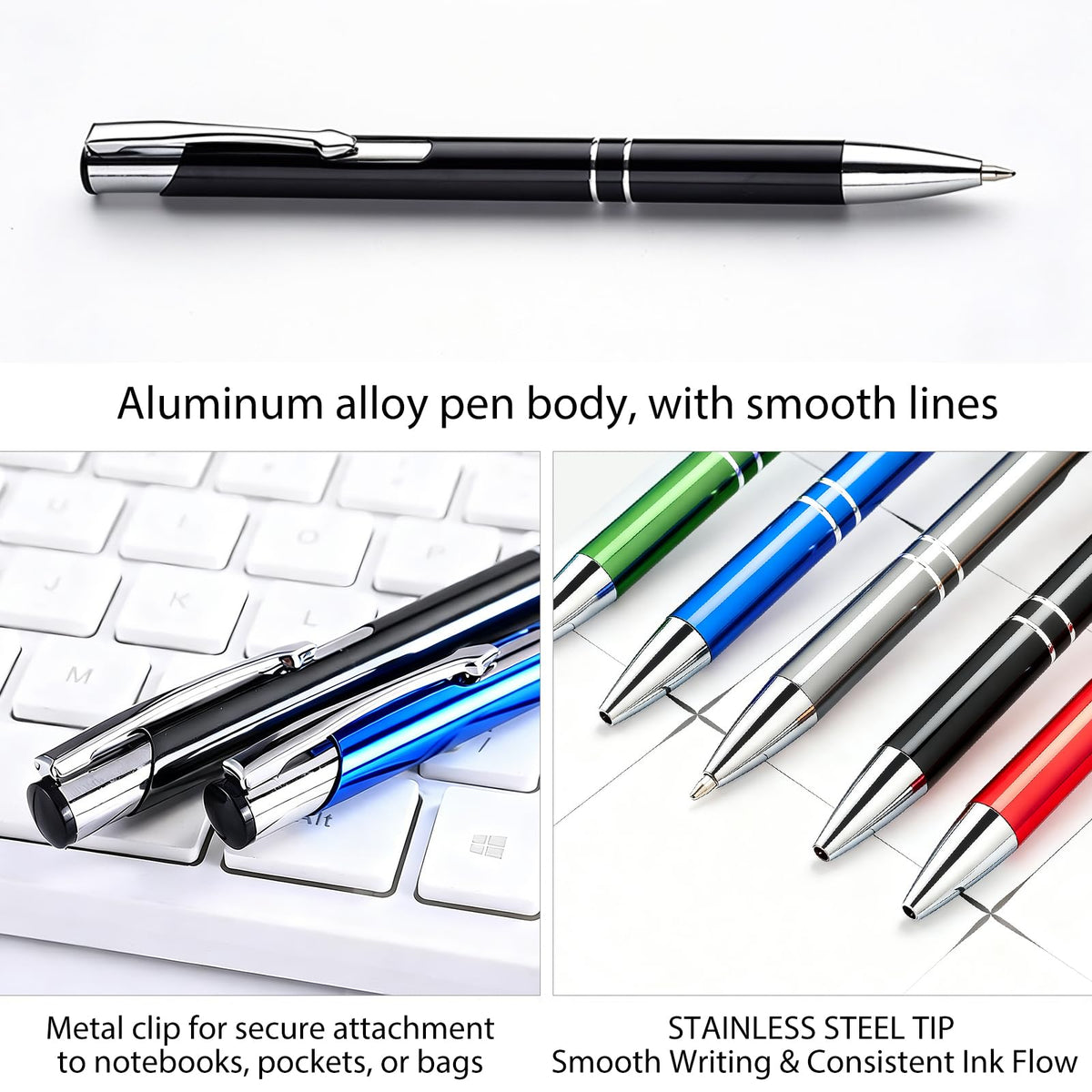 HH-STUDIO CUSTOM Metal Pen, Engraved Logo, Black Ink, Retractable-50 Pack