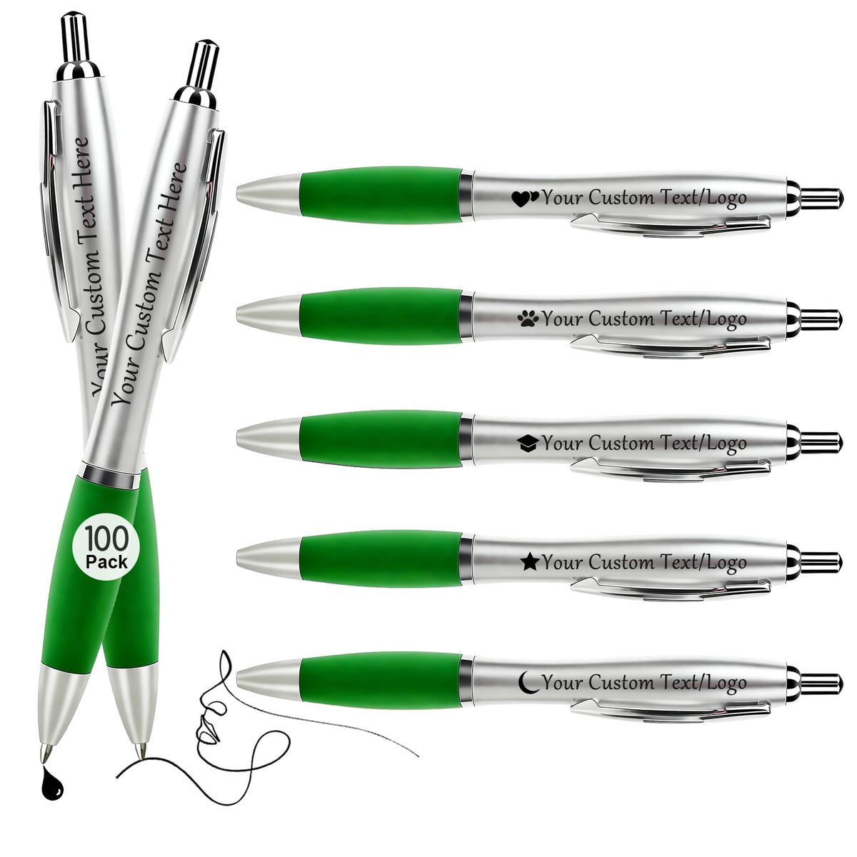 Personalized Pens with Custom Logo or Text - 100 Pack Bulk Click Pens