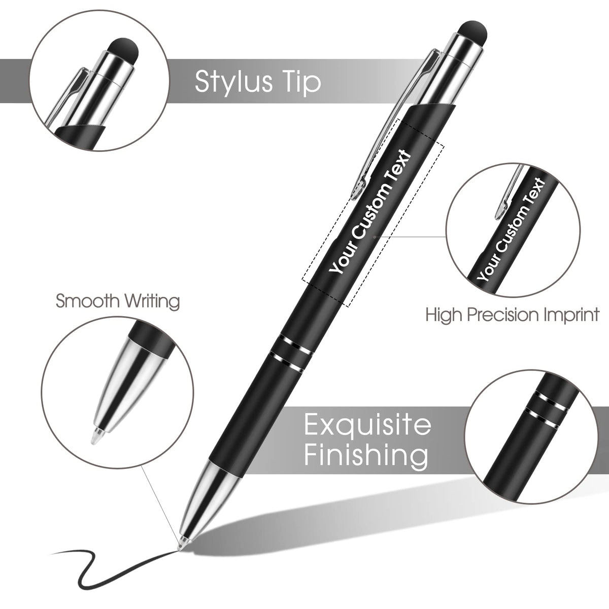 Custom Personalized Pens with Stylus, Black Ink Click Ballpoint Pens-50 PCS
