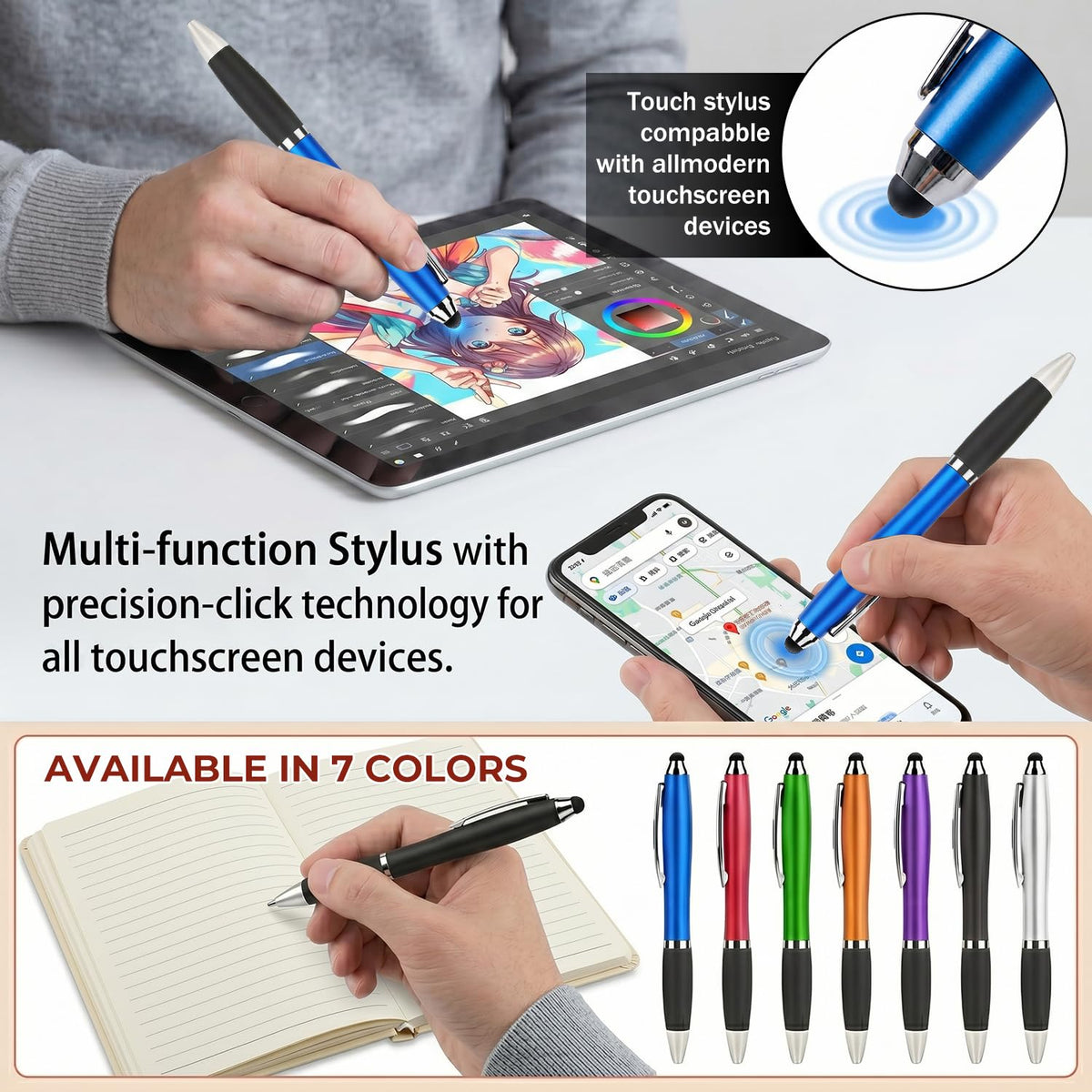 100 PC Custom Personalized Pens with Stylus, Black Ink Click Ballpoint Pens