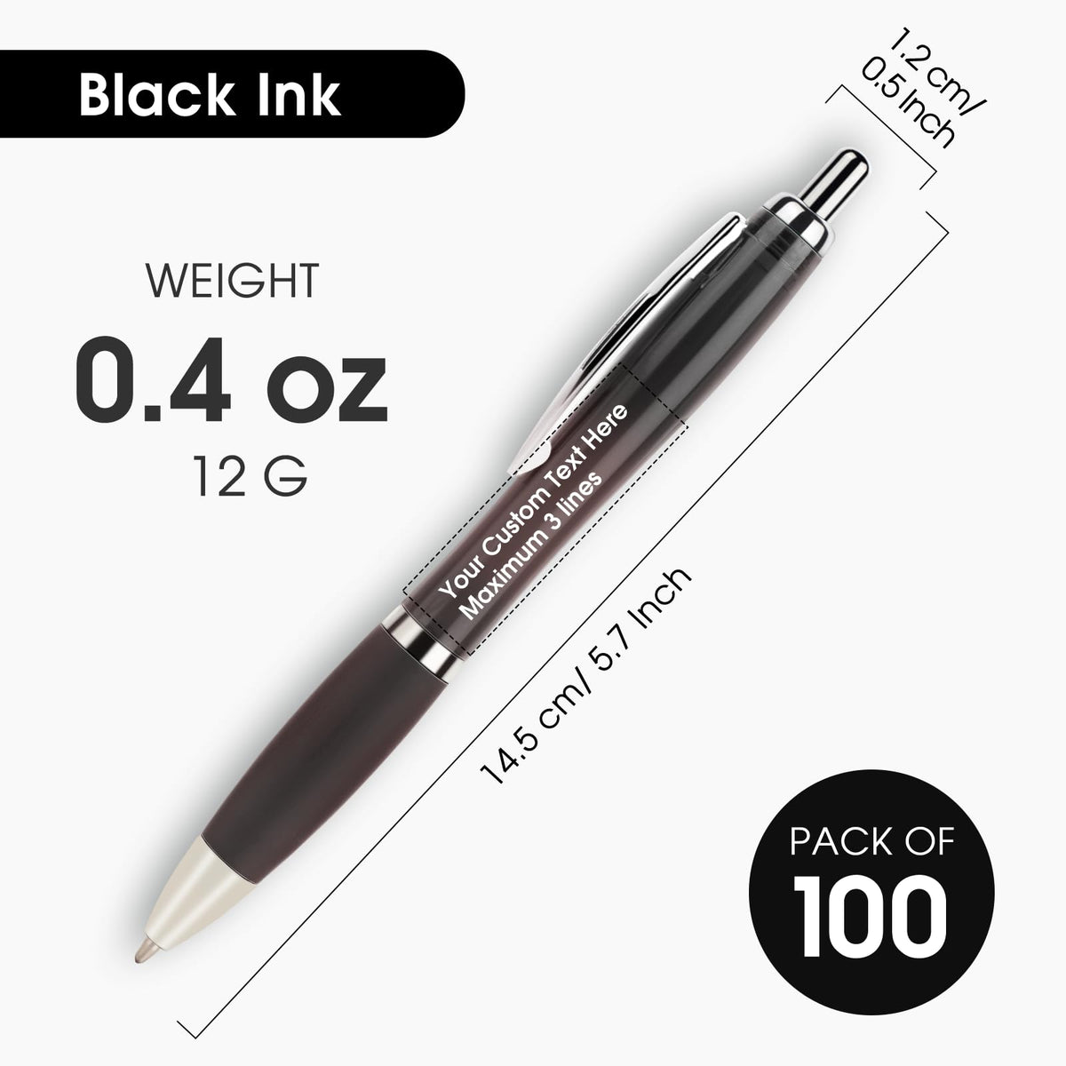 Personalized Ballpoint Pens with Custom Text - 100 Pack Bulk Promotional Items with Your Logo for Business, Events & Trade Shows - Smooth Black Ink, Retractable Office Gift