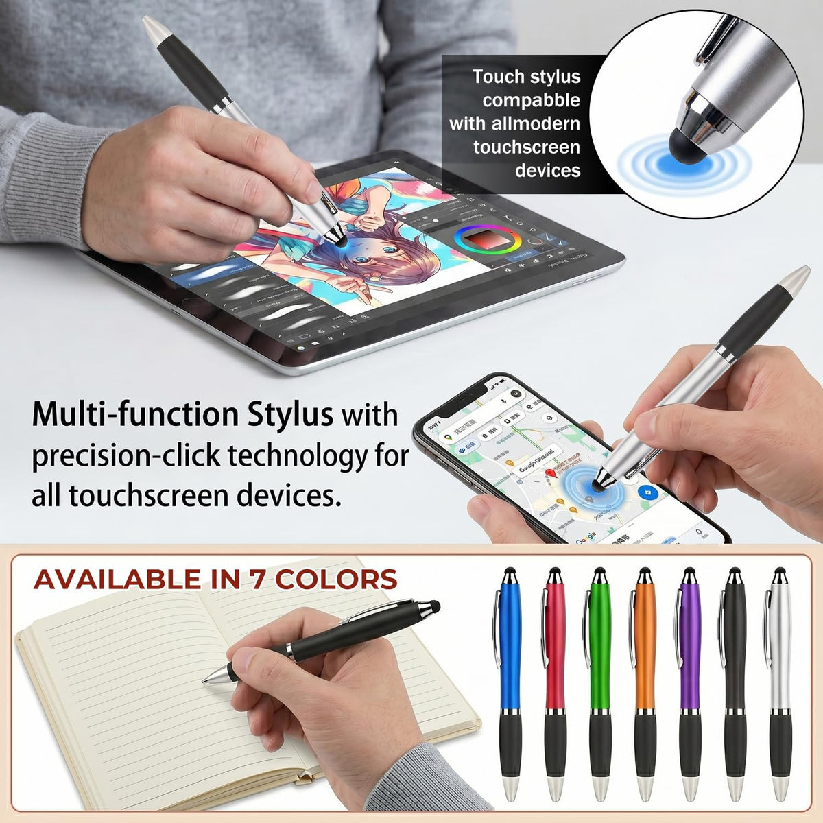 100 PC Custom Personalized Pens with Stylus, Black Ink Click Ballpoint Pens