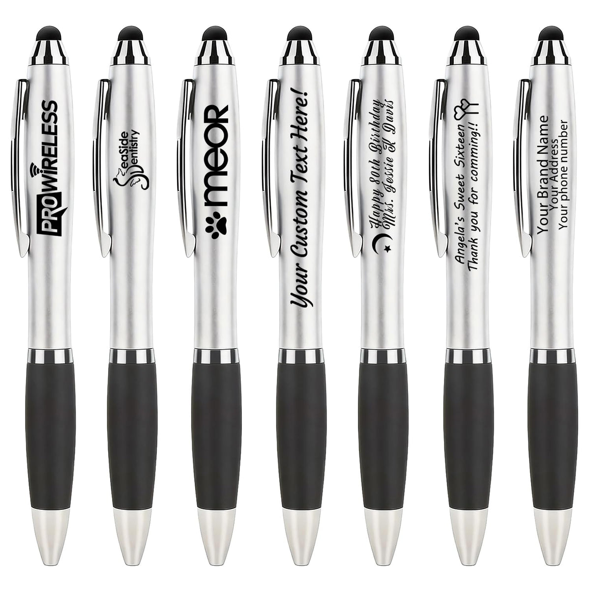 100 PC Custom Personalized Pens with Stylus, Black Ink Click Ballpoint Pens