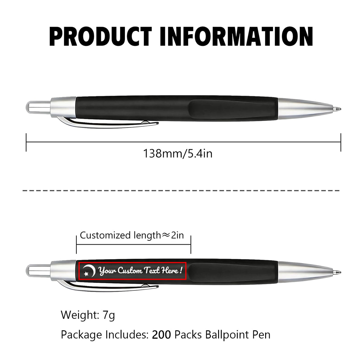Customized Pens with Personalized Text - Pack of 100 Bulk Black Ink