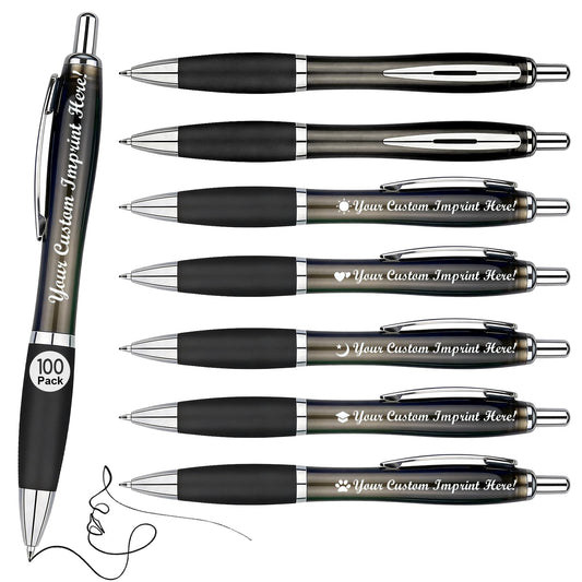 Personalized Ballpoint Pens with Custom Text - 100 Pack Bulk Promotional Items with Your Logo for Business, Events & Trade Shows - Smooth Black Ink, Retractable Office Gift