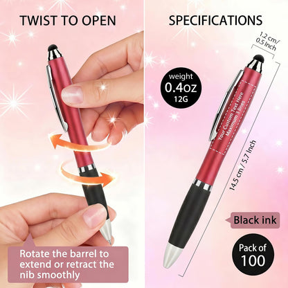 100 PC Custom Personalized Pens with Stylus, Black Ink Click Ballpoint Pens