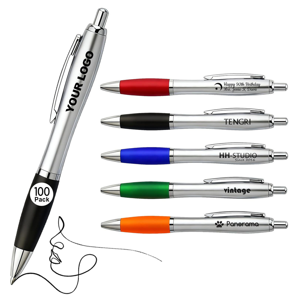 Personalized Pens with Custom Logo or Text - 100 Pack Bulk Click Pens