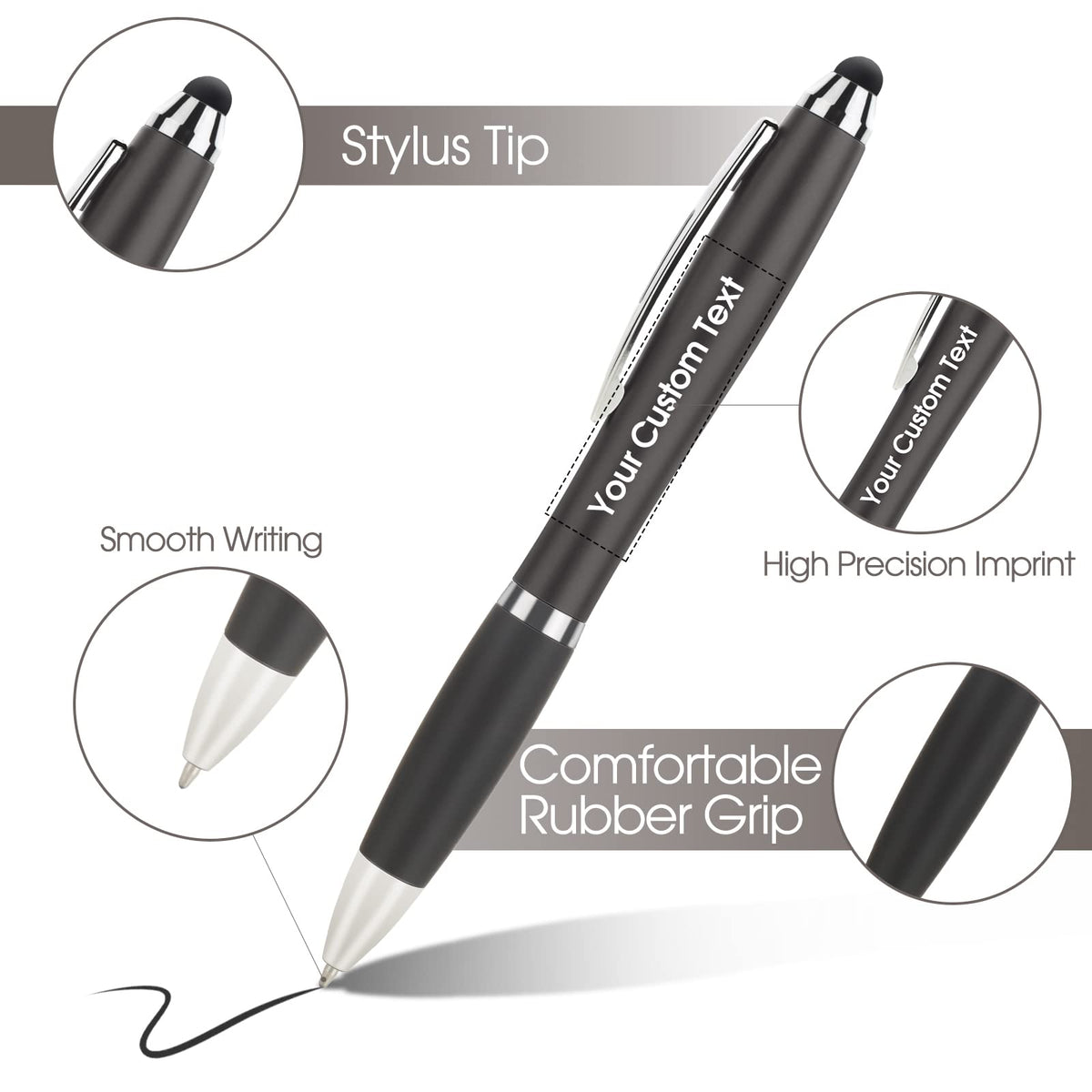 100 PC Custom Personalized Pens with Stylus, Black Ink Click Ballpoint Pens