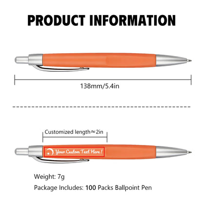 Customized Pens with Personalized Text - Pack of 100 Bulk Black Ink