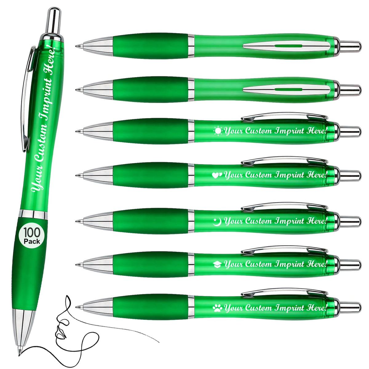 Personalized Ballpoint Pens with Custom Text - 100 Pack Bulk Promotional Items with Your Logo for Business, Events & Trade Shows - Smooth Black Ink, Retractable Office Gift