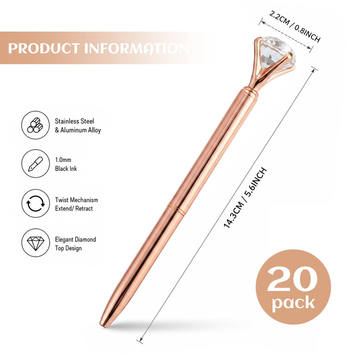 HISHER Custom Diamond Pens, 20 Pack, Bridal Shower Wedding Favor, Black Ink