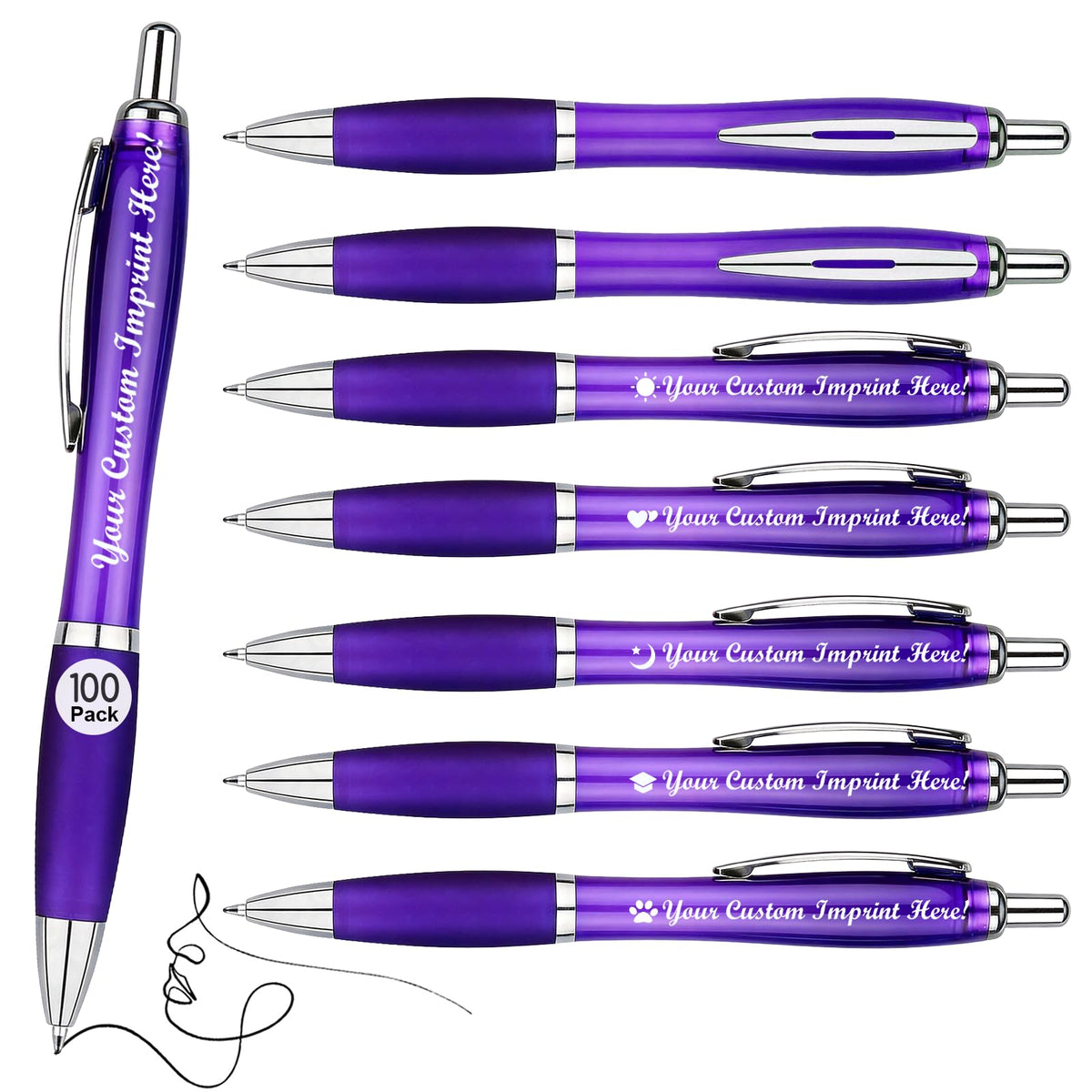 Personalized Ballpoint Pens with Custom Text - 100 Pack Bulk Promotional Items with Your Logo for Business, Events & Trade Shows - Smooth Black Ink, Retractable Office Gift