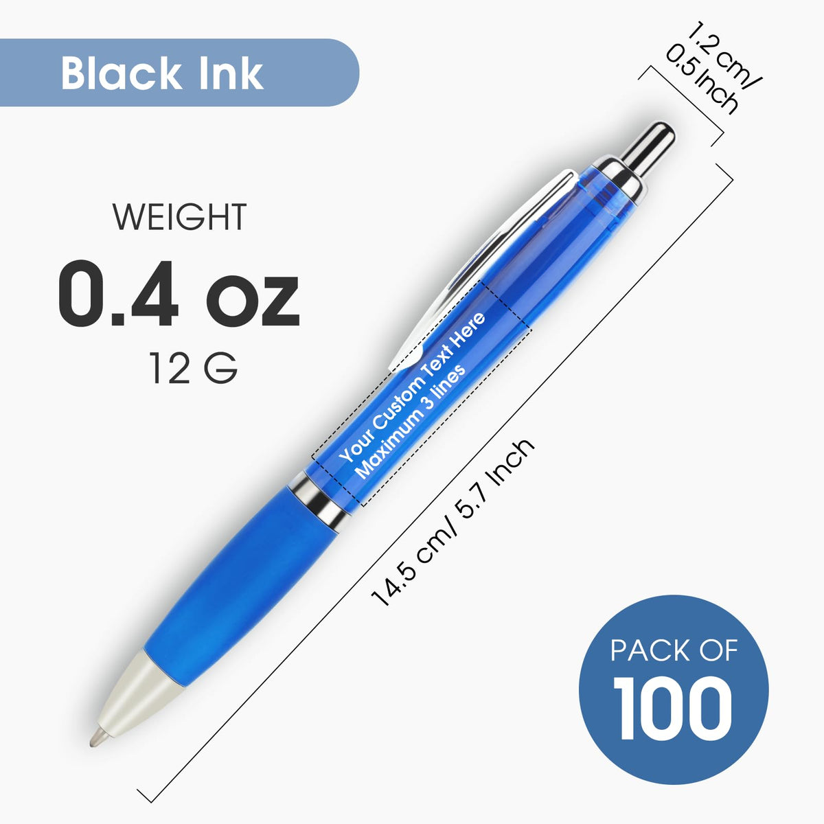 Personalized Ballpoint Pens with Custom Text - 100 Pack Bulk Promotional Items with Your Logo for Business, Events & Trade Shows - Smooth Black Ink, Retractable Office Gift