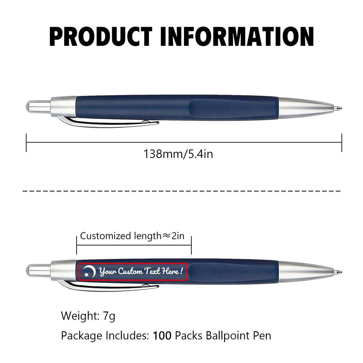 Customized Pens with Personalized Text - Pack of 100 Bulk Black Ink