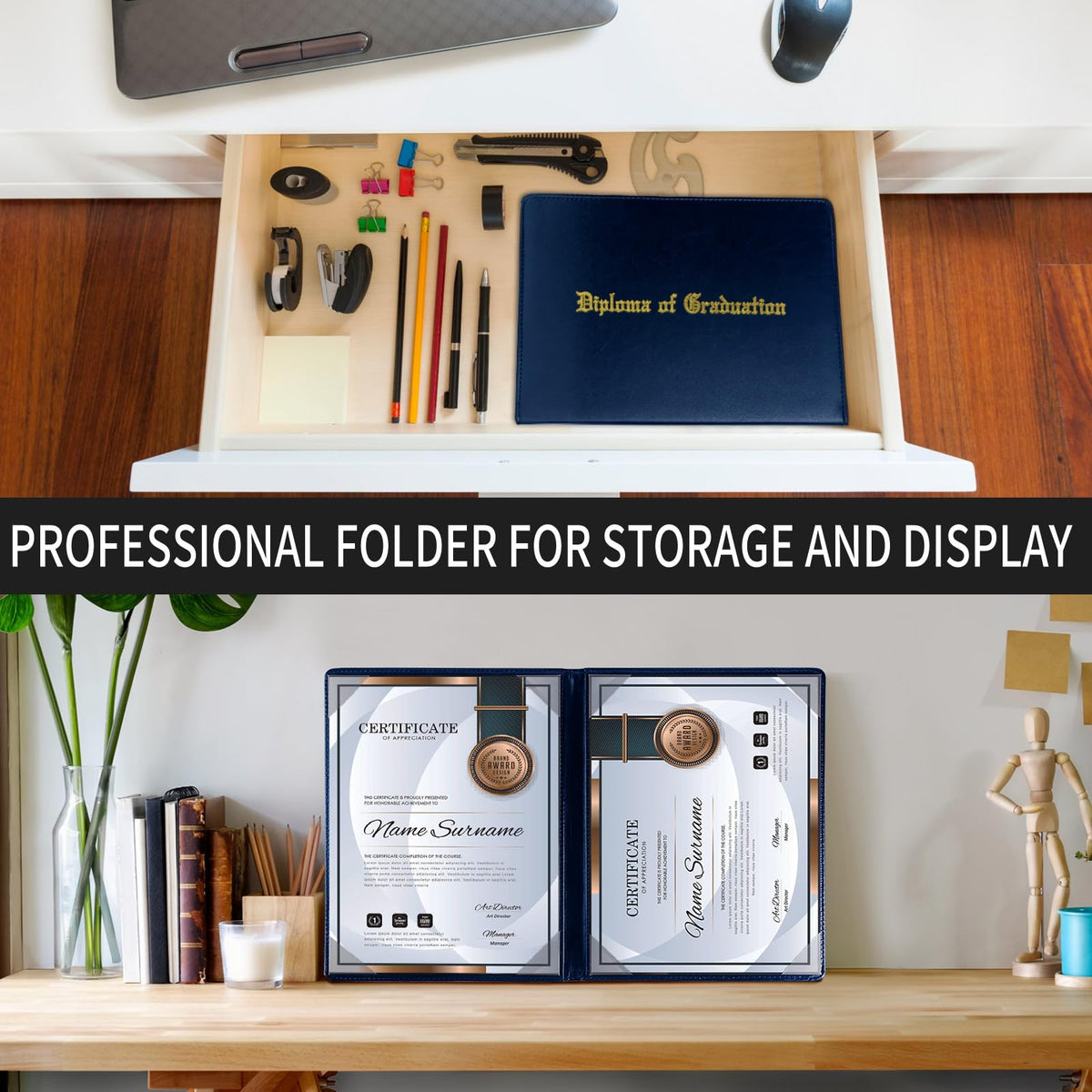 HH-STUDIO CUSTOM 8.5 x 11 Navy Blue Leather Certificate Holder