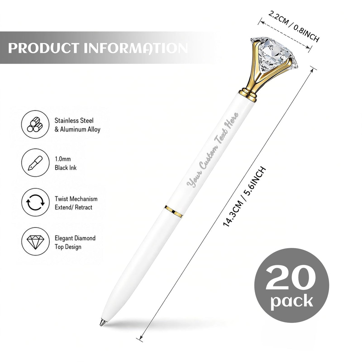 HISHER Custom Diamond Pens, 20 Pack, Bridal Shower Wedding Favor, Black Ink