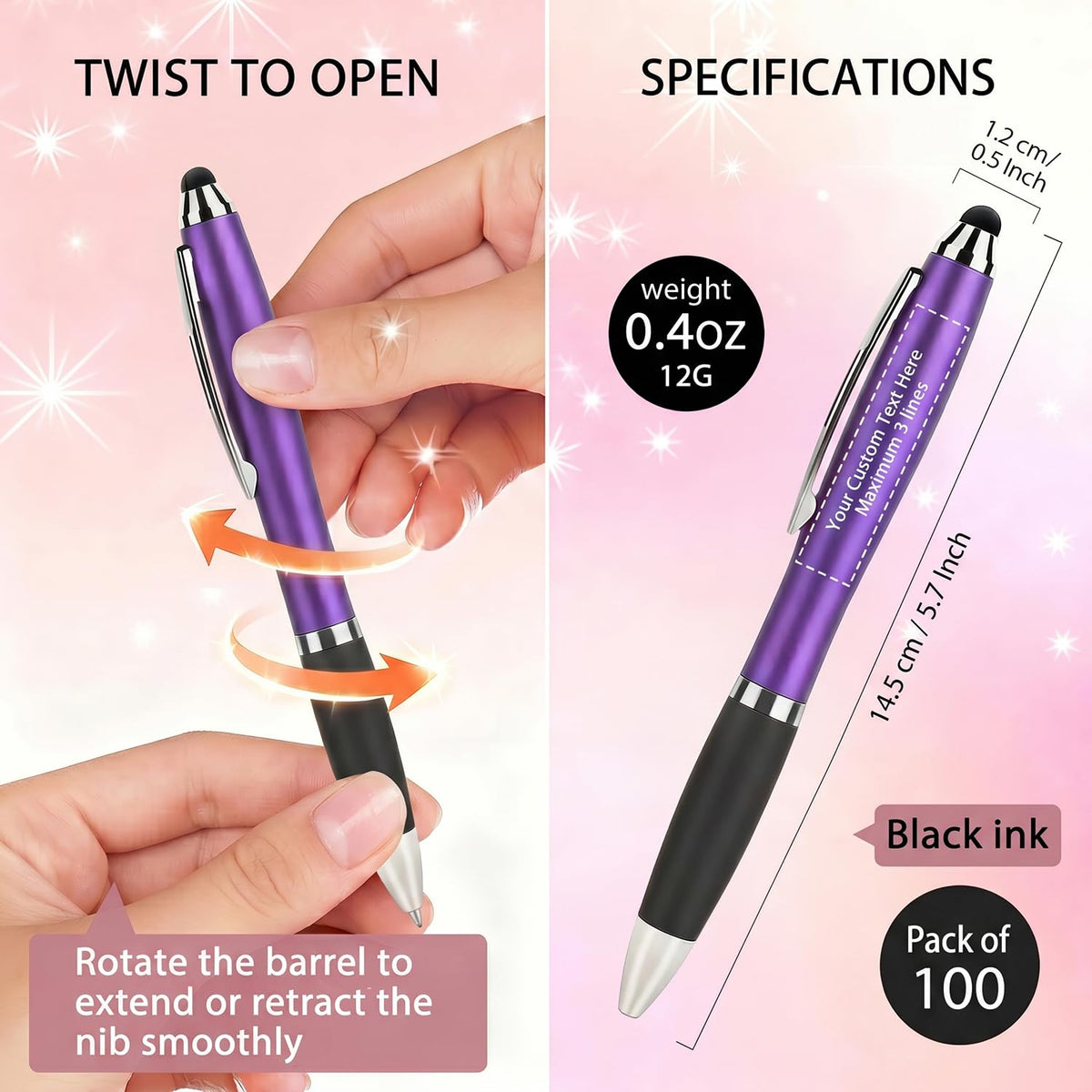 100 PC Custom Personalized Pens with Stylus, Black Ink Click Ballpoint Pens