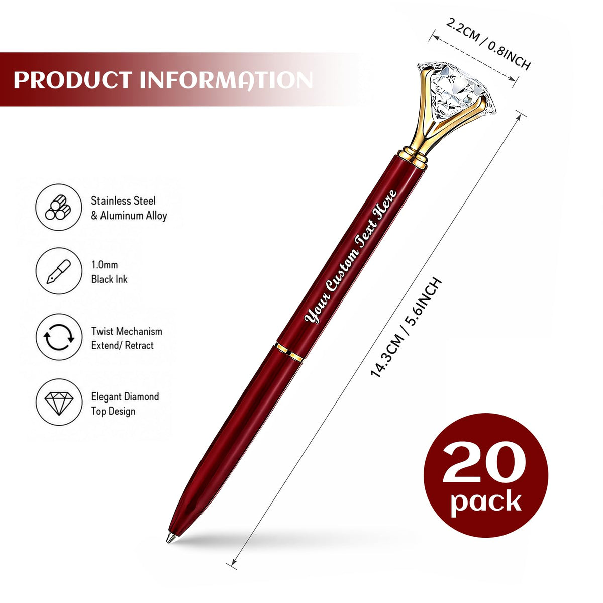 HISHER Custom Diamond Pens, 20 Pack, Bridal Shower Wedding Favor, Black Ink