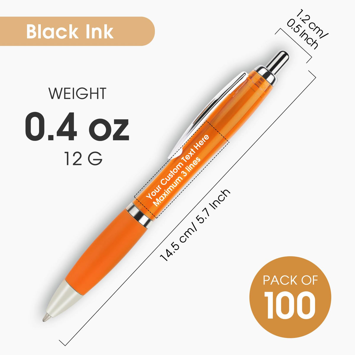 Personalized Ballpoint Pens with Custom Text - 100 Pack Bulk Promotional Items with Your Logo for Business, Events & Trade Shows - Smooth Black Ink, Retractable Office Gift