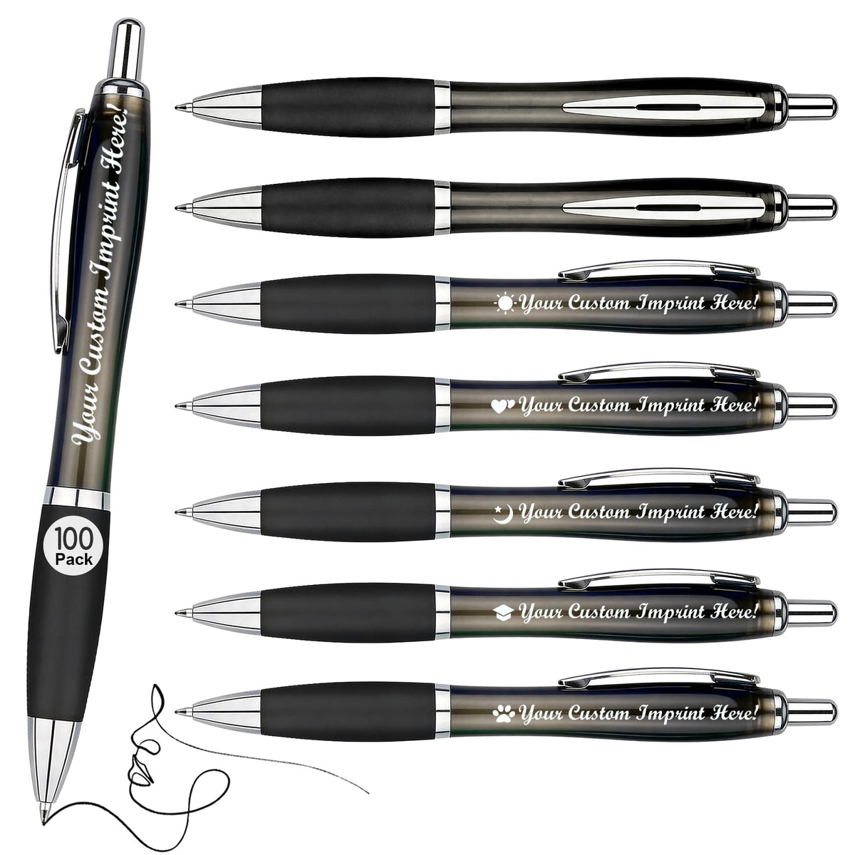 Personalized Ballpoint Pens with Custom Text - 100 Pack Bulk Promotional Items with Your Logo for Business, Events & Trade Shows - Smooth Black Ink, Retractable Office Gift
