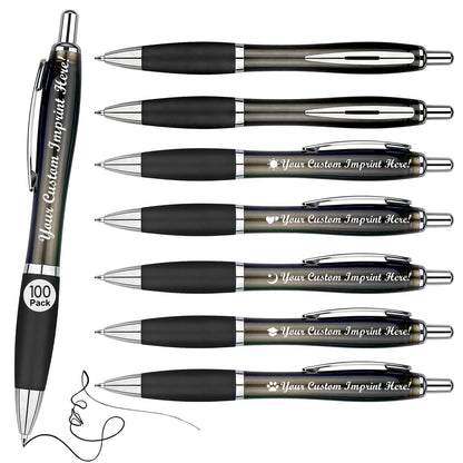 Personalized Ballpoint Pens with Custom Text - 100 Pack Bulk Promotional Items with Your Logo for Business, Events & Trade Shows - Smooth Black Ink, Retractable Office Gift