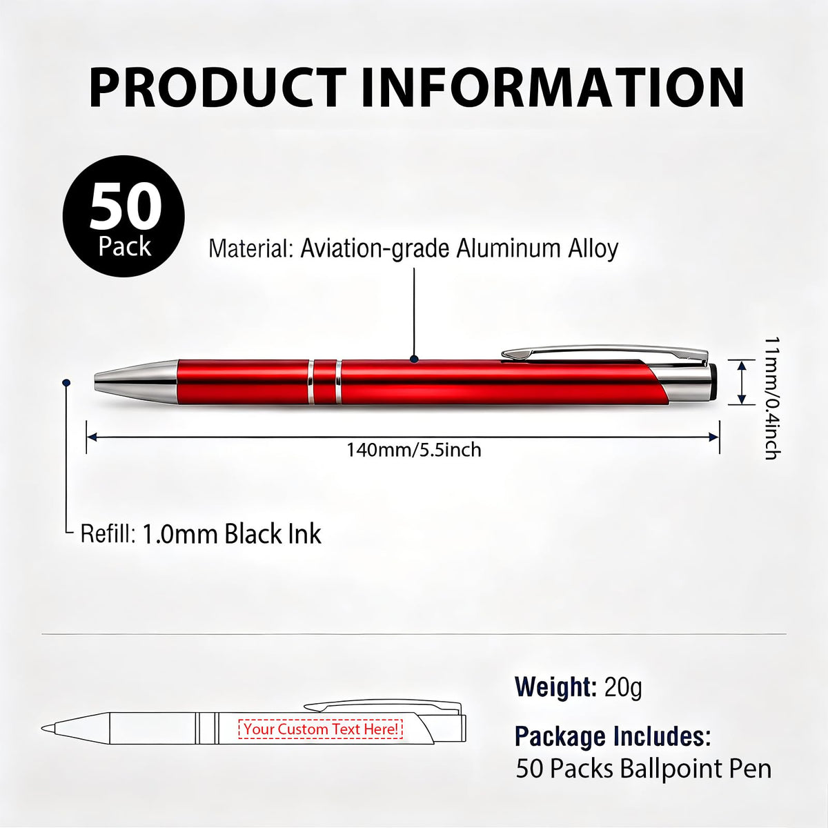HH-STUDIO CUSTOM Metal Pen, Engraved Logo, Black Ink, Retractable-50 Pack