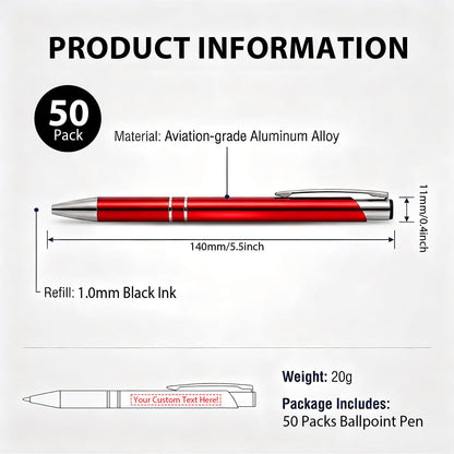 HH-STUDIO CUSTOM Metal Pen, Engraved Logo, Black Ink, Retractable-50 Pack